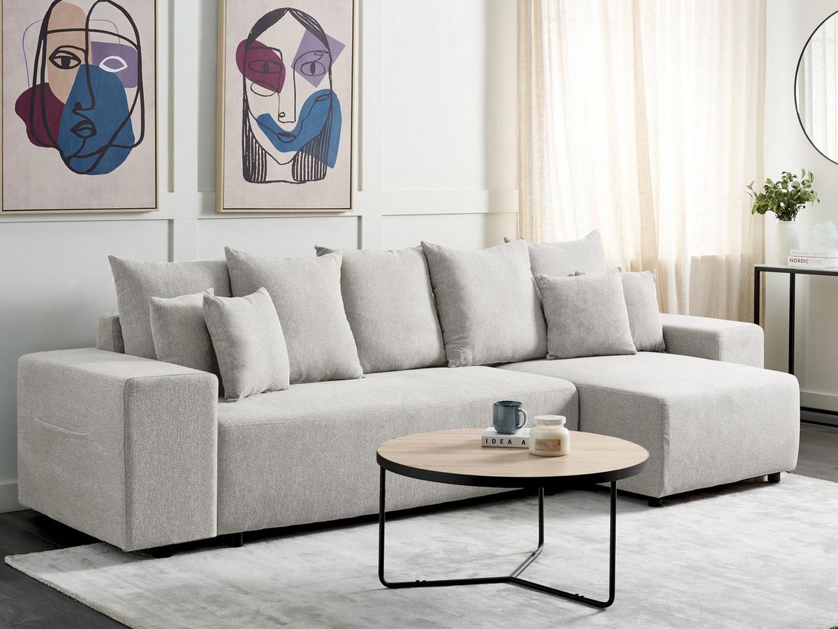 3-SITZER-ECKSOFA hellgrau rechtsseitig mit Schlaffunktion Stauraum Luspa - Schwarz/Grau, Textil (294/130cm) - Beliani