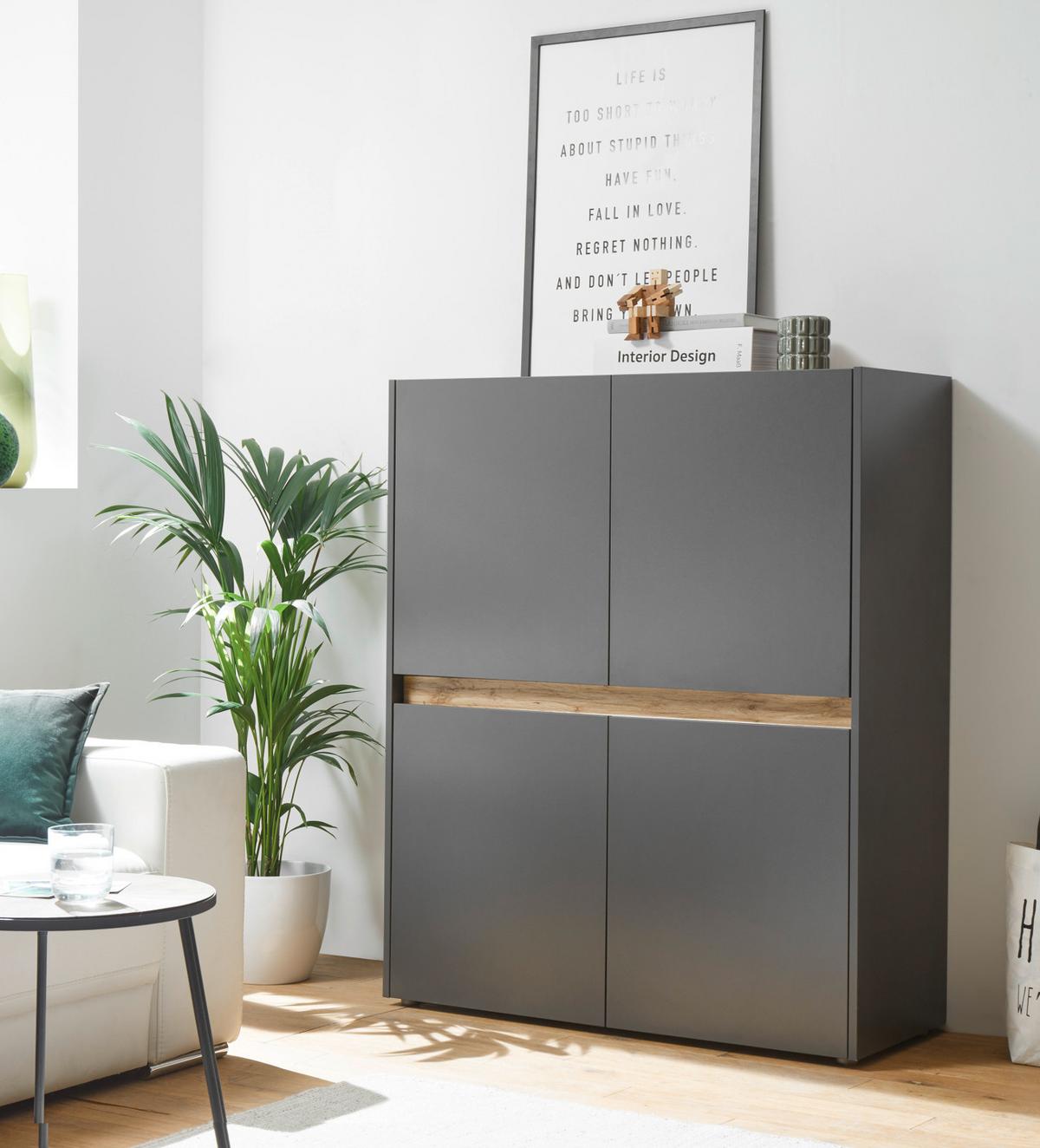 HIGHBOARD grau matt, Eiche Wotan 100 x 120 cm, Kommode 4-türig, 8 Fächer - Eiche Wotan/Grau, Holzwerkstoff/Kunststoff (100/120/40cm) - Furn.Design