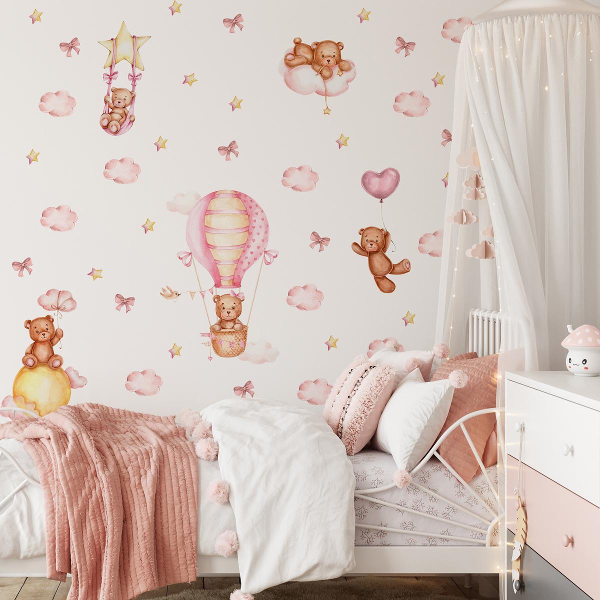 WANDSTICKER Teddybären rosa Wolken Sterne Ballons 120x60 - Gelb/Beige, Papier (120/60/1cm) - Muralo