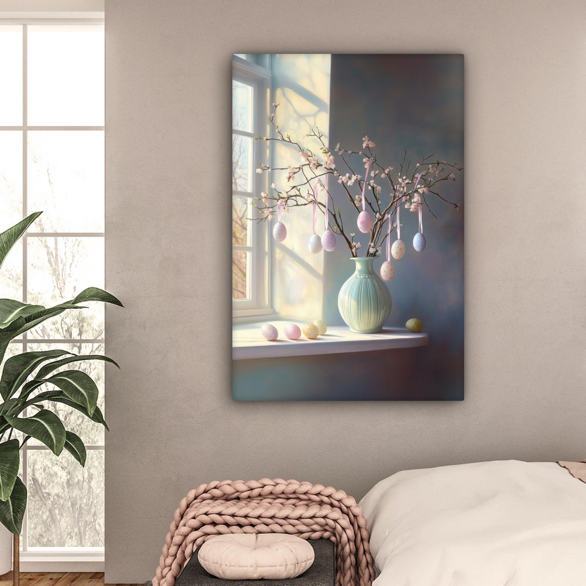 LEINWANDBILD Stillleben - Vase - Osterzweig Deko XXL 80x120 cm - Hellblau, Textil (80/120cm) - MuchoWow