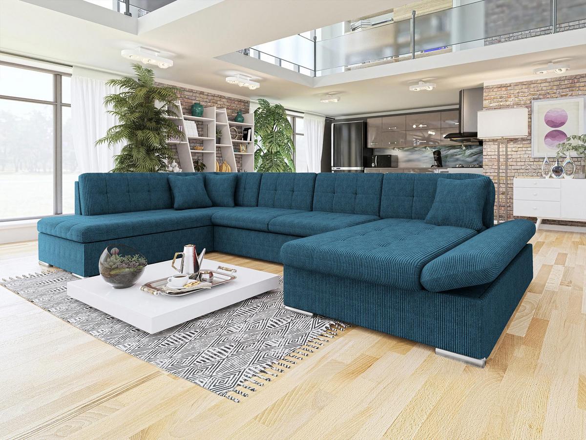 WOHNLANDSCHAFT Bergen Cord, Seite: Rechts - Blau/Silberfarben, Holz/Textil (345/76/205cm) - MIRJAN24