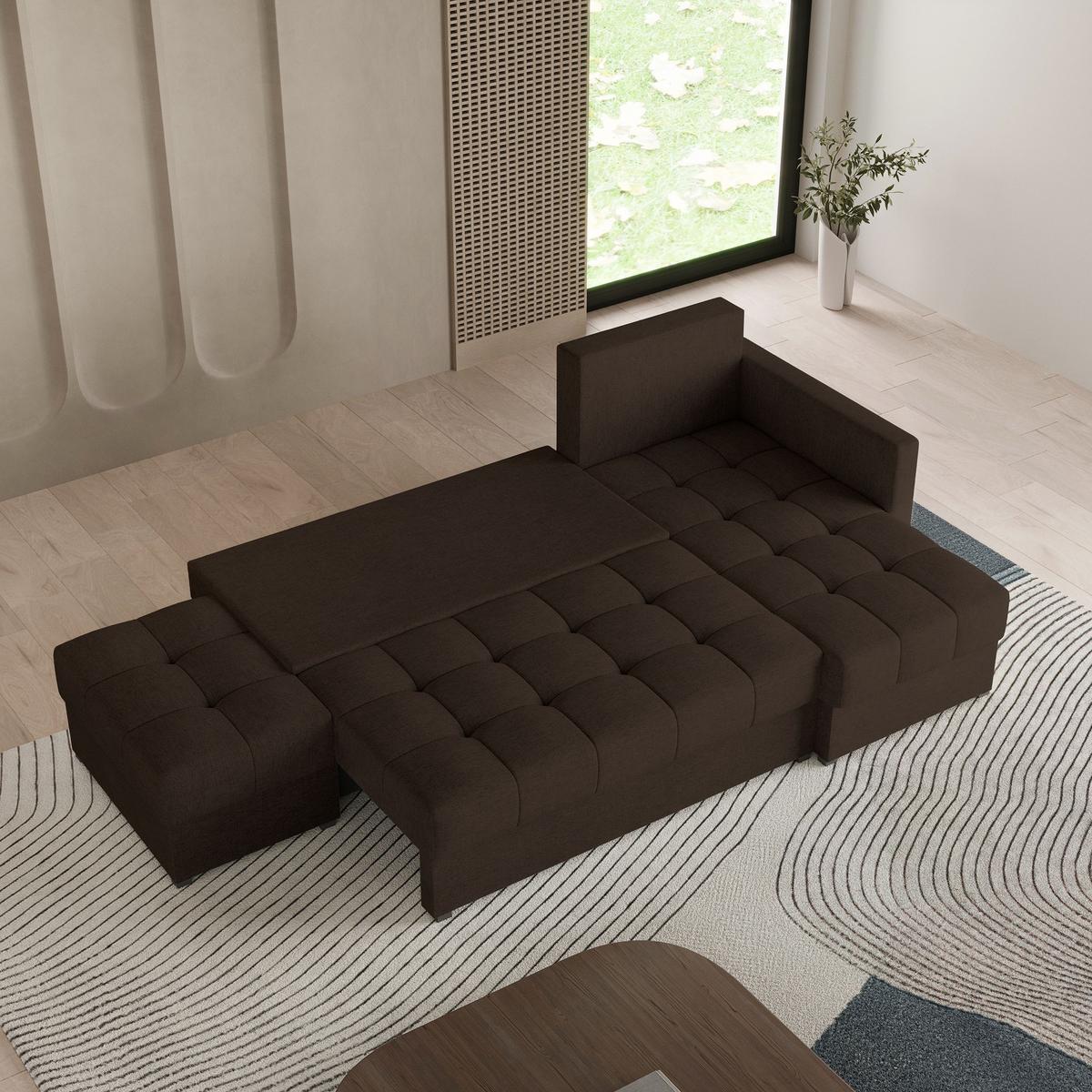 ECKSOFA LUMARI R-S Braun Plüsch-Stoff mit Schlaffunktion - Braun, Holz (262/143cm) - MASSENO