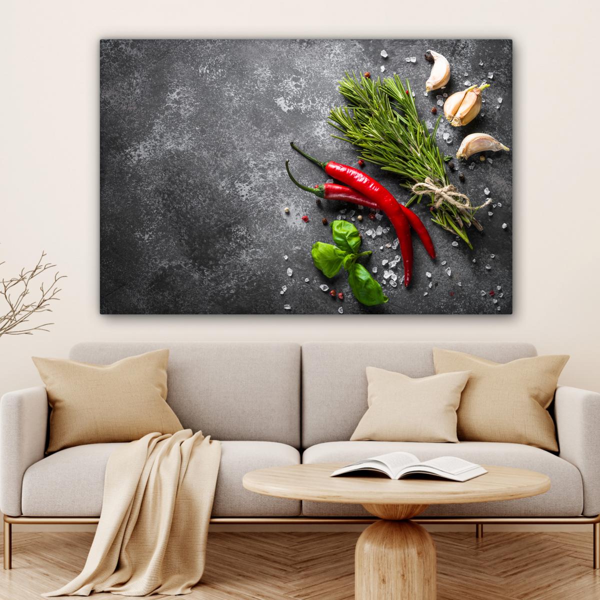 LEINWANDBILD Pfeffer - Kräuter - Gewürze - Beton Wohnzimmer Groß 120x80 cm - Dunkelgrau, Textil (120/80cm) - MuchoWow