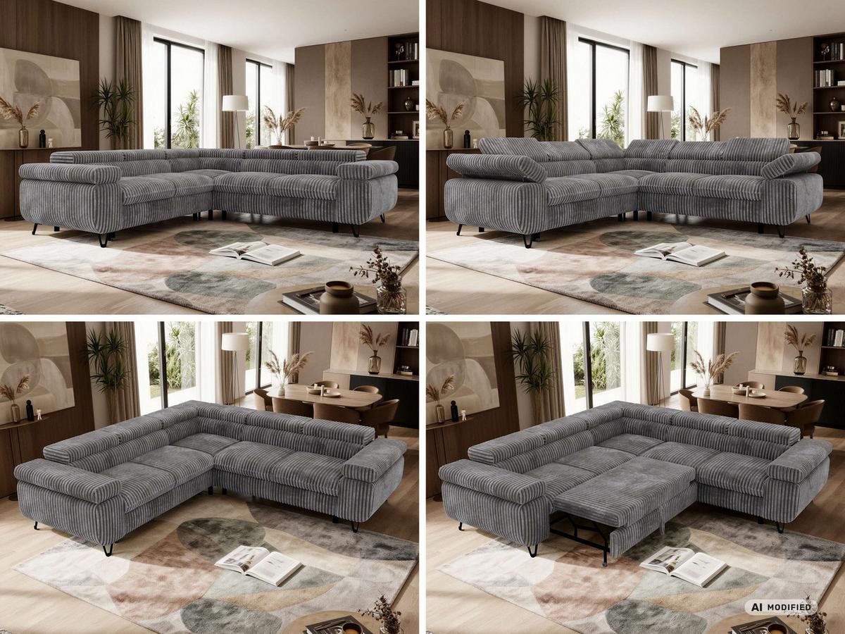 ECKSOFA QUADRO L - Grau Cord - Rechts Seite - Schwarz/Grau, Textil/Metall (269/269cm) - MKS