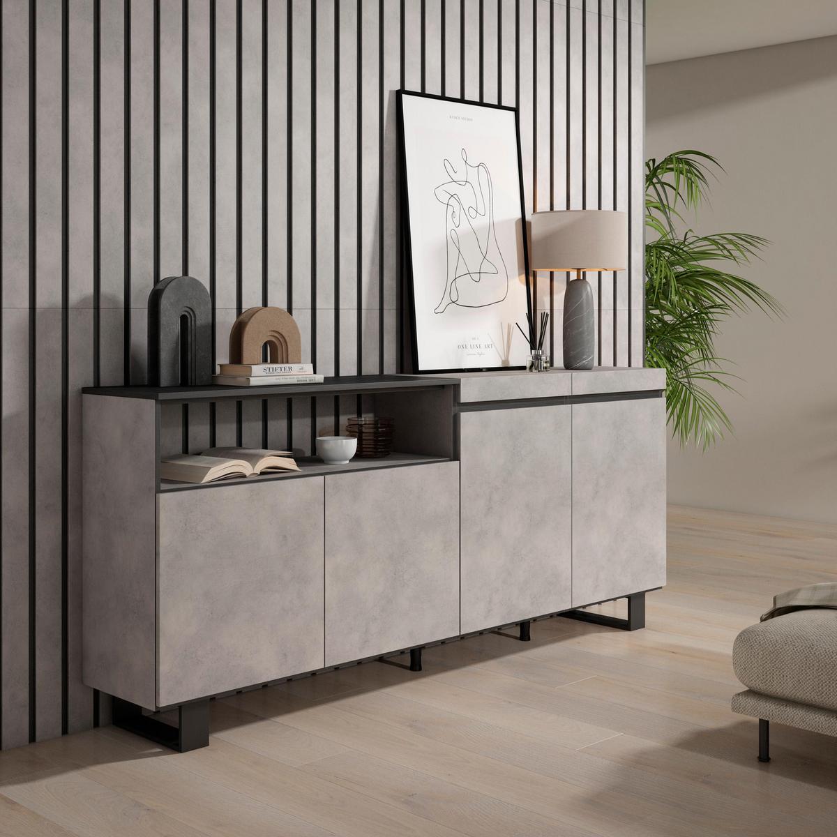 SIDEBOARD zementgrau, 200/35/87cm - Grau, Holzwerkstoff (200/87/35cm) - Skraut Home