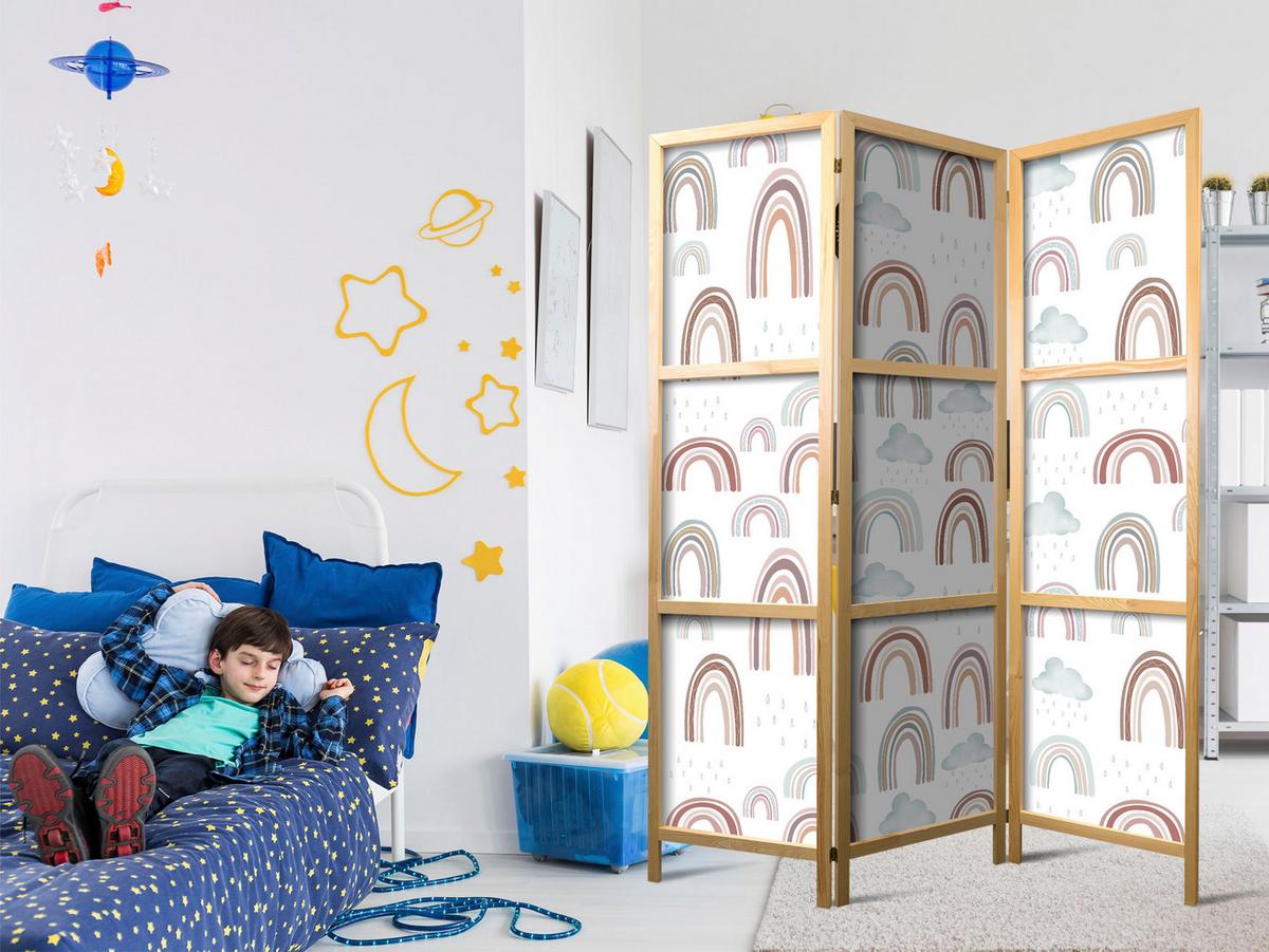 PARAVENT Japanischer 3-tlg 135x172 cm Regenb gen und Wolken - Multicolor, Holz/Textil (135/172/3cm) - Muralo