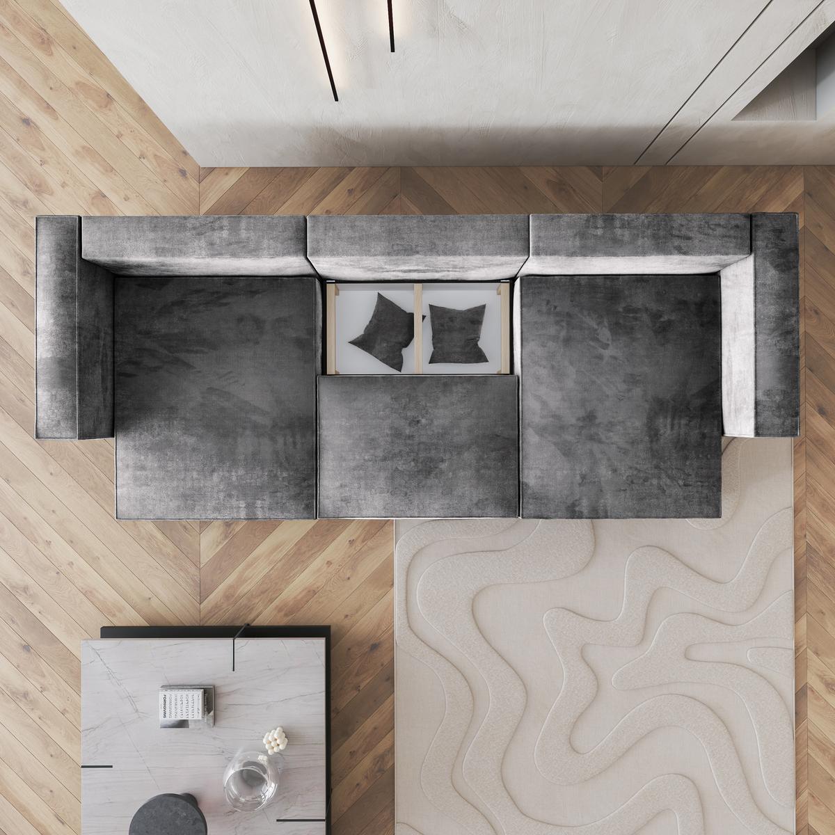 WOHNLANDSCHAFT SARMO M Grau Velours-Stoff mit Schlaffunktion - Grau, Holz/Kunststoff (347/70/148cm) - MASSENO