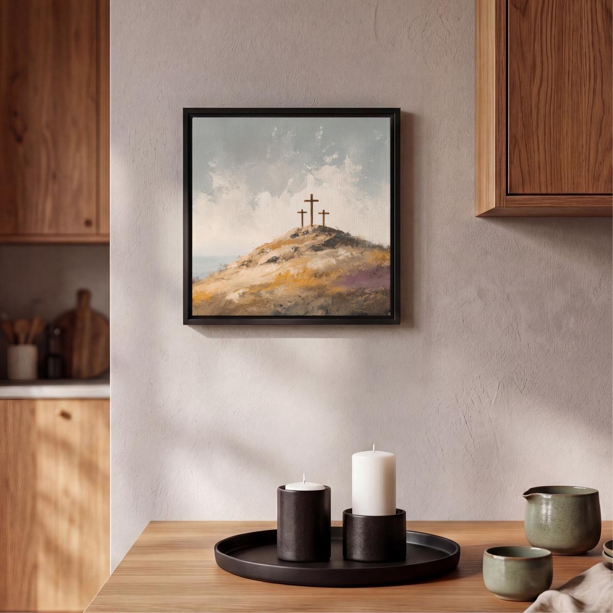 LEINWAND Bilder mit Rahmen - Hügel - Abstrakt - Christentum - Kreuz - 20x20 - Hellgrau, Textil (20/20cm) - MuchoWow