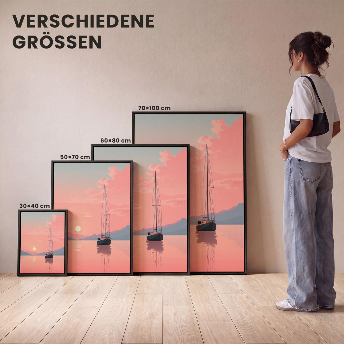 LEINWAND Bilder mit Rahmen - Segelboot - Rosa Meer - Sonnenuntergang - Berge - 30x40 - Rosa, Textil (30/40cm) - MuchoWow