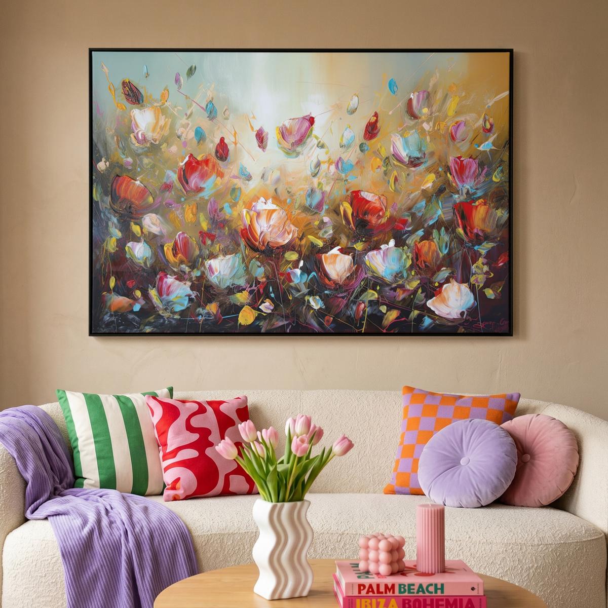LEINWAND Bilder mit Rahmen - Blumen - Kunst - Natur - Ölgemälde - 140x90 - Multicolor, Textil (140/90cm) - MuchoWow