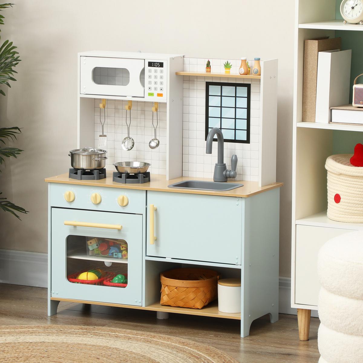 KINDERKÜCHE Spielküche mit Mikrowelle, Herd und Backofen, Küchenzubehör - Blau, Holzwerkstoff (72/33/85.2cm) - AIYAPLAY