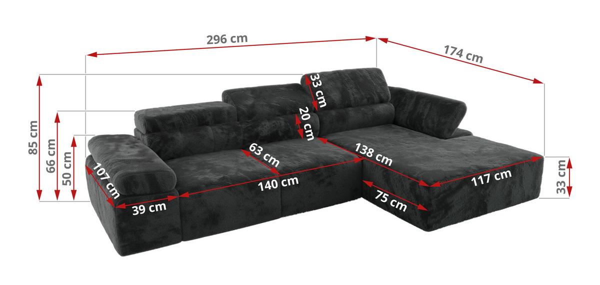ECKSOFA RILASSO L Dunkelgrau Plüsch - rechts - Dunkelgrau/Schwarz, Kunststoff/Textil (174/296cm) - MKS