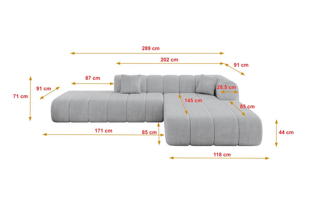 ECKSOFA Ottomane Rechts BILA-L 289x176x71 Grau Cord - Alufarben/Schwarz, Holzwerkstoff/Kunststoff (289/176cm) - ALTDECOR