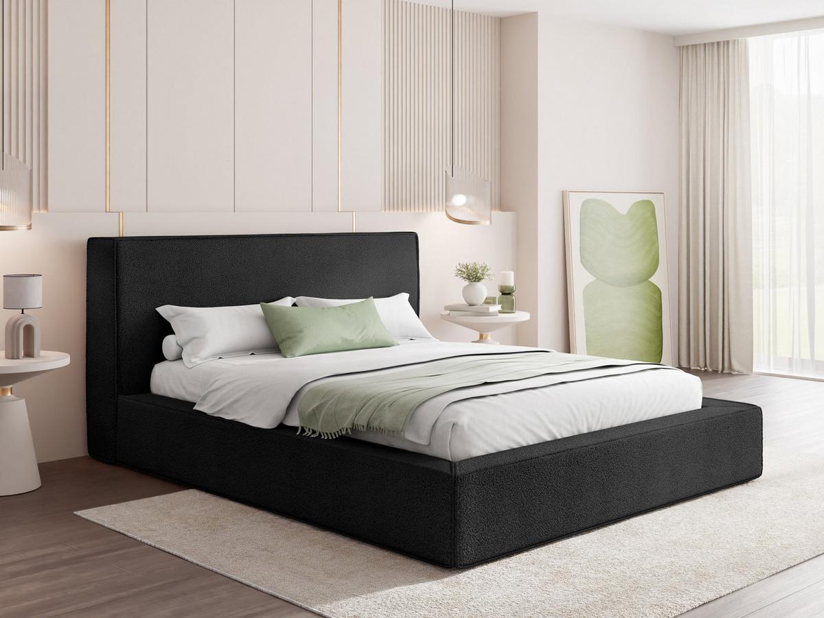 POLSTERBETT Merlin mit Bettkasten, Metall-Lattenrost & hohem Kopfteil in Schwarz Boucle 180x200 cm - Birkefarben/Schwarz, Kunststoff/Textil (180/200cm) - WFL GROUP