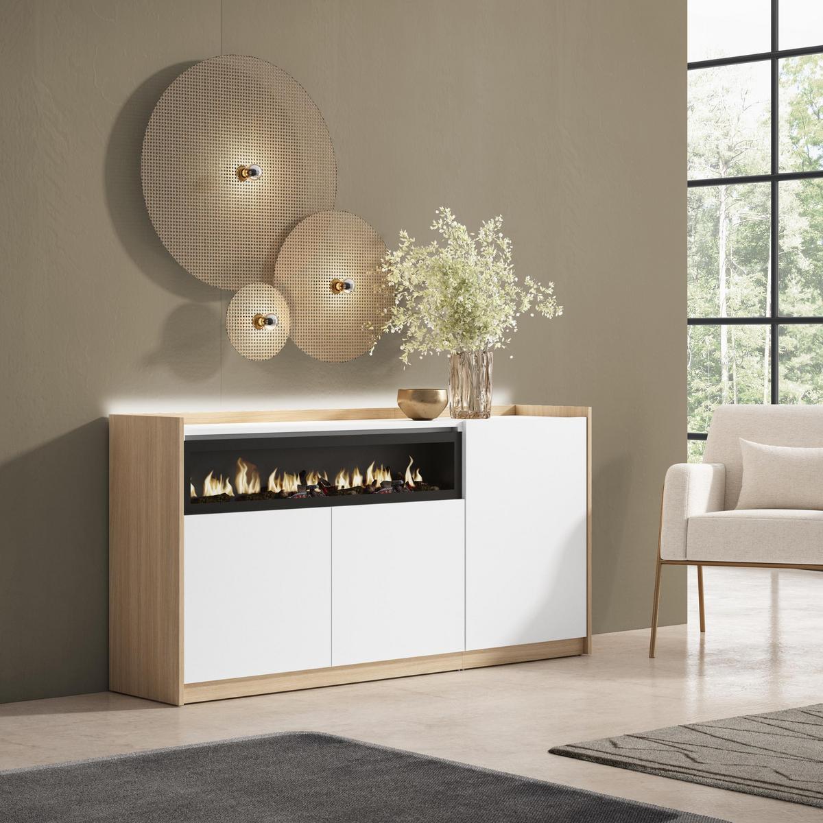 SIDEBOARD, Weiß und Eiche, 156/37/80cm, Kamin mit Feuereffekt - Weiß, Holzwerkstoff (156/80/37cm) - Skraut Home