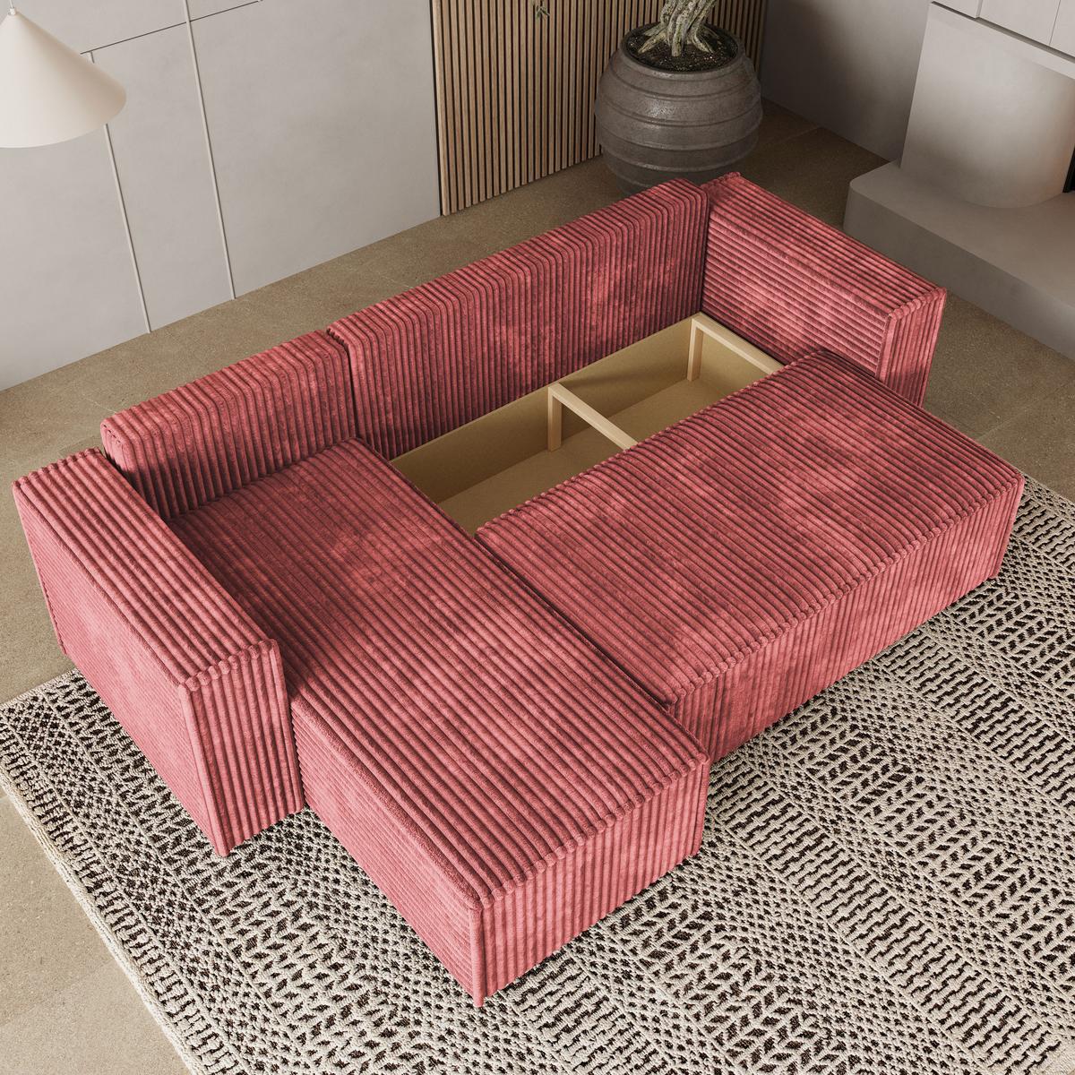 ECKSOFA RAVELO T Rosa Kordstoff mit Schlaffunktion - Rosa/Grau, Holz/Kunststoff (240/140cm) - MASSENO