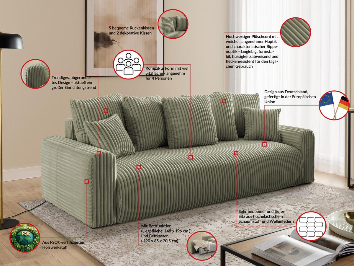 SCHLAFSOFA Calma mit Bettkasten im Bumpy-Design aus weichem Olive Plüschcord - Schwarz/Olivgrün, Holz/Kunststoff (239/88/98cm) - S-Style
