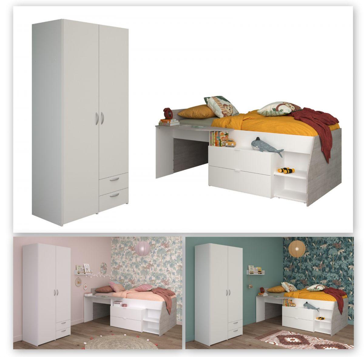 KINDERZIMMER weiß, grau, Komplett-Set 2-teilig mit Stauraumbett, Kleiderschrank - Silberfarben/Weiß, Holzwerkstoff/Kunststoff (135/185/203cm) - Parisot Meuble
