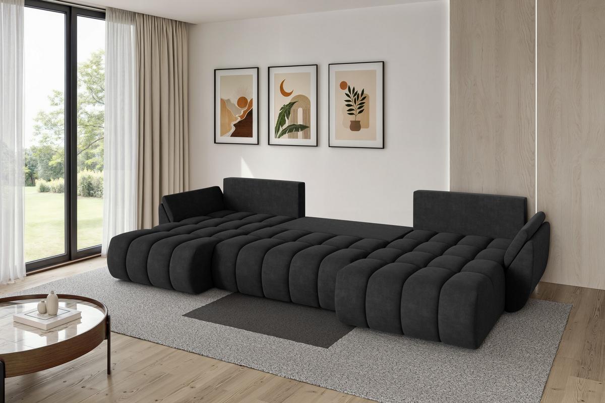 WOHNLANDSCHAFT mit Schlaffunktion und Bettkasten TOKO-U-v1 378x194x86 Schwarz Velours - Schwarz, Holzwerkstoff/Kunststoff (378/86/194cm) - ALTDECOR