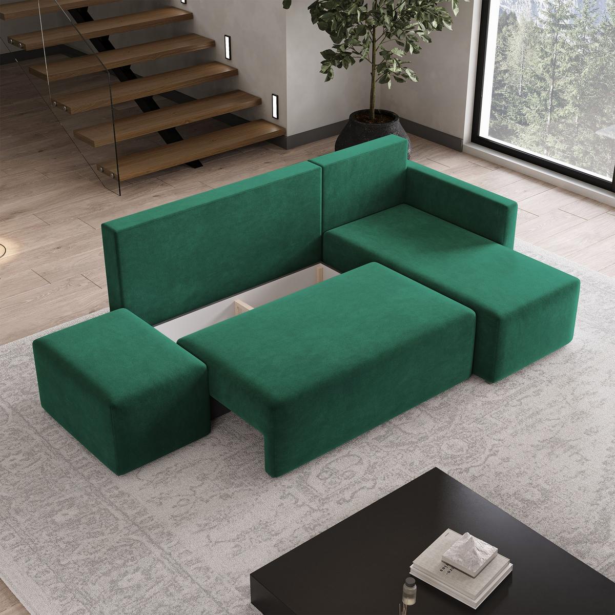 ECKSOFA VELOTTI R-S Grün Plüsch-Stoff mit Schlaffunktion - Grün, Holz (261/143cm) - MASSENO