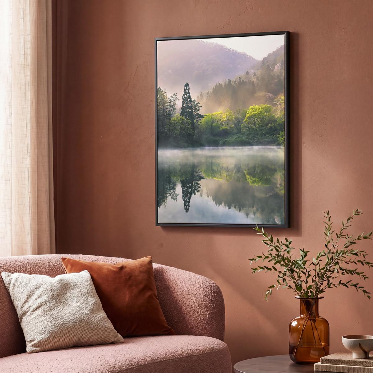 LEINWAND Bilder mit Rahmen - Natur - Bäume - Berge - See - Wasser - 70x100 - Hellgrün, Textil (70/100cm) - MuchoWow