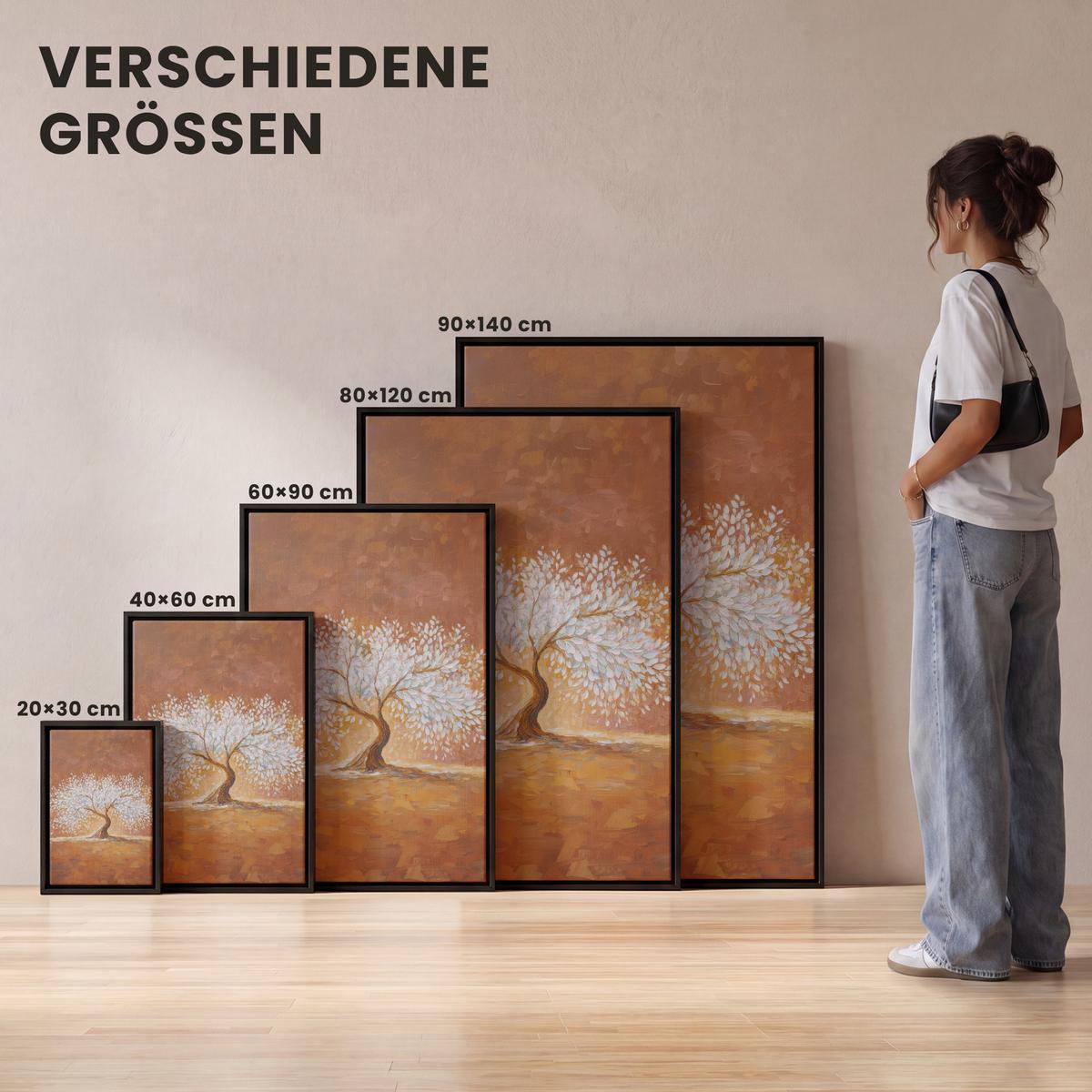 LEINWAND Bilder mit Rahmen - Abstrakt - Baum - Weiß - Blätter - 100x150 - Braun, Textil (100/150cm) - MuchoWow