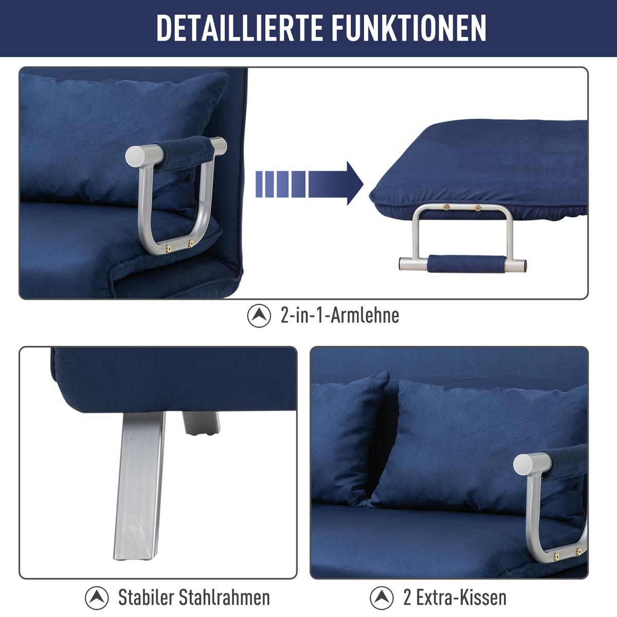 2-SITZER Sofa mit Schlaffunktion, Schlafsofa mit Verstellbarer Rückenlehne, Blau - Blau/Silberfarben, Textil/Metall (80/78/111cm) - HOMCOM
