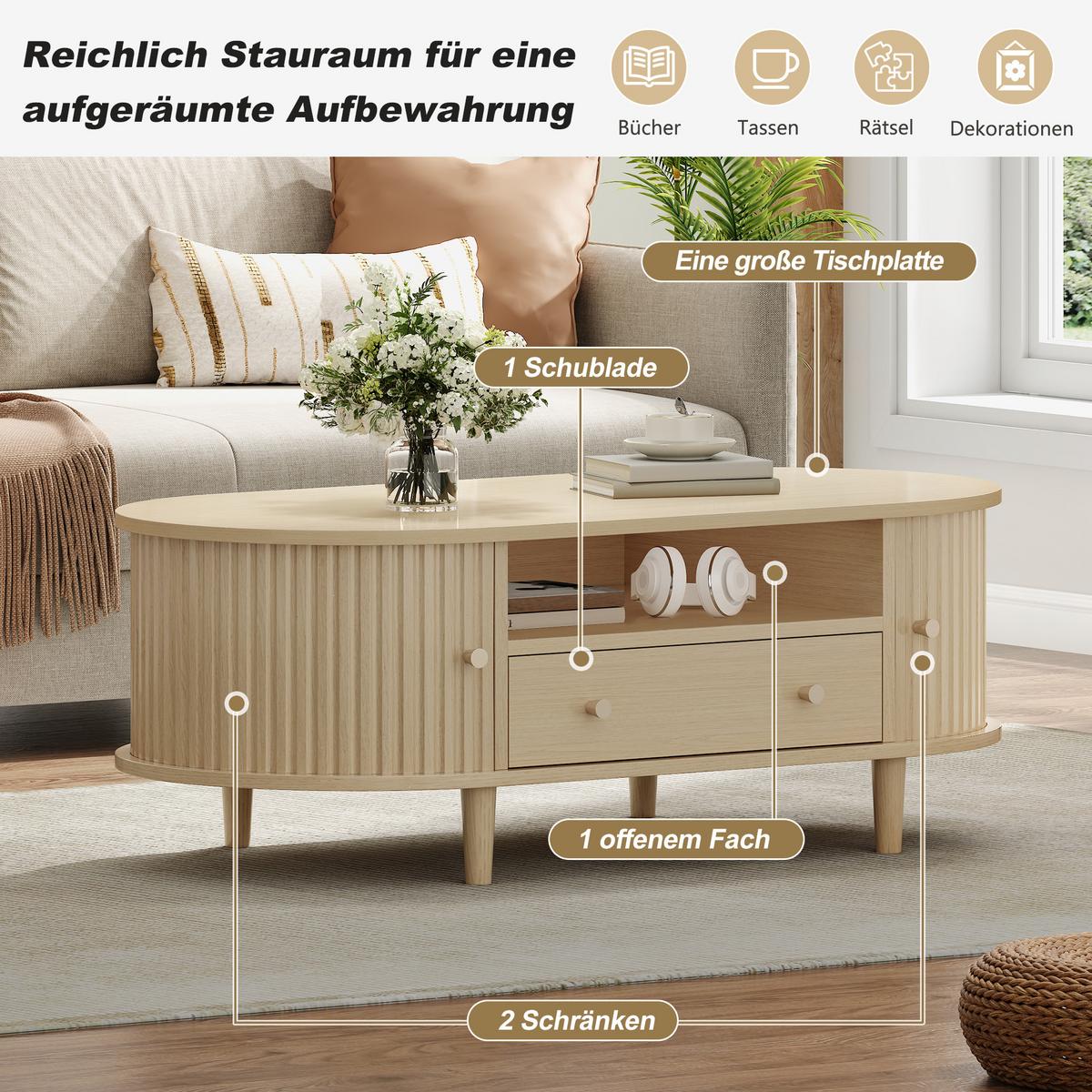 COUCHTISCH Ovales Design mit Rolltür & Schublade - Eichefarben, Holzwerkstoff (50/100/36cm) - Urban Meuble