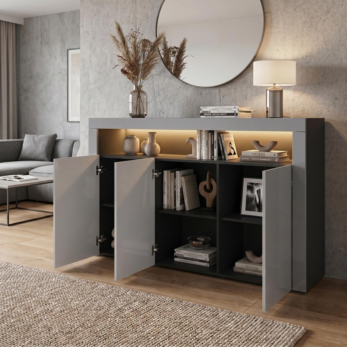 SIDEBOARD Valencia Grau Hochglanz / Grau Hochglanz - Grau, Holzwerkstoff (155/92/40cm) - Vladon