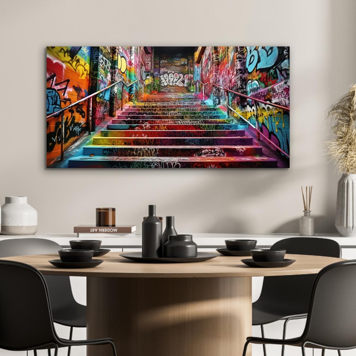 METALLBILD Treppe - Graffiti - Farben - Kunst 80x40 cm - Multicolor, Metall (80/40cm) - MuchoWow