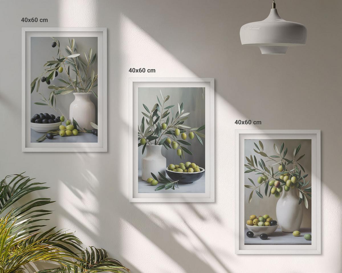 BILDER SET 3er Set - 40x60 cm Weißer Rahmen - Oliven in grauen Vasen - Weiß, Kunststoff (40/60cm) - TULUP