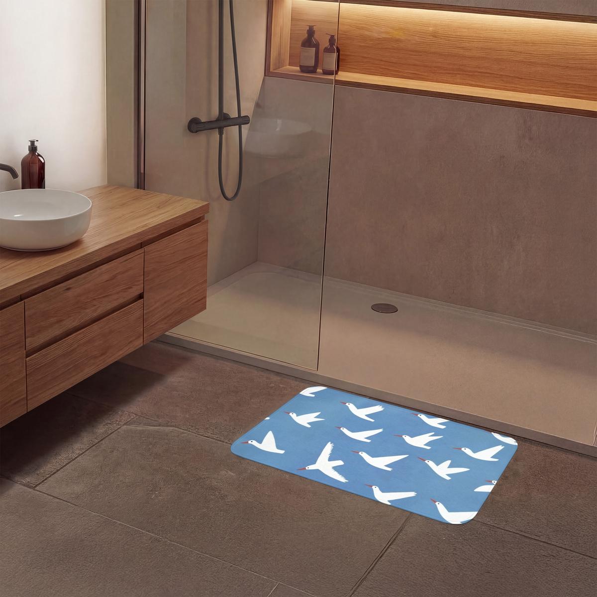 BADEMATTE Vögel - Weiß - Muster 80x50 cm - Blau, Textil (80/50cm) - OnlyWow