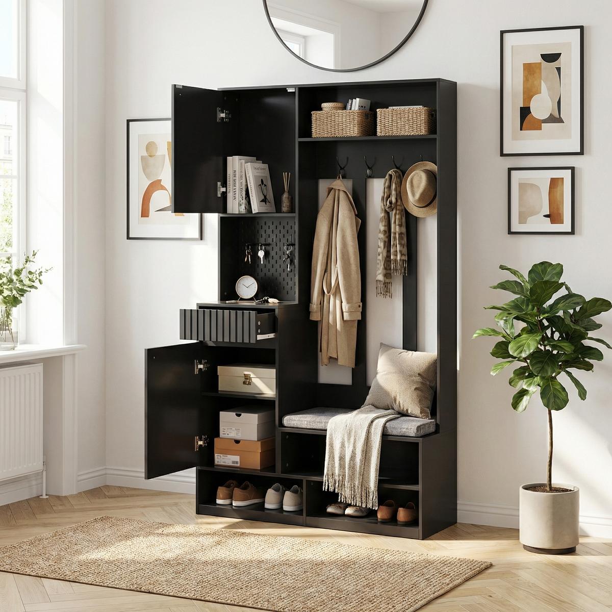 GARDEROBEN-SET 100 cm in Schwarz 6-in-1 Flurgarderobe - Schwarz, Holzwerkstoff (100/180/35cm) - Urban Meuble