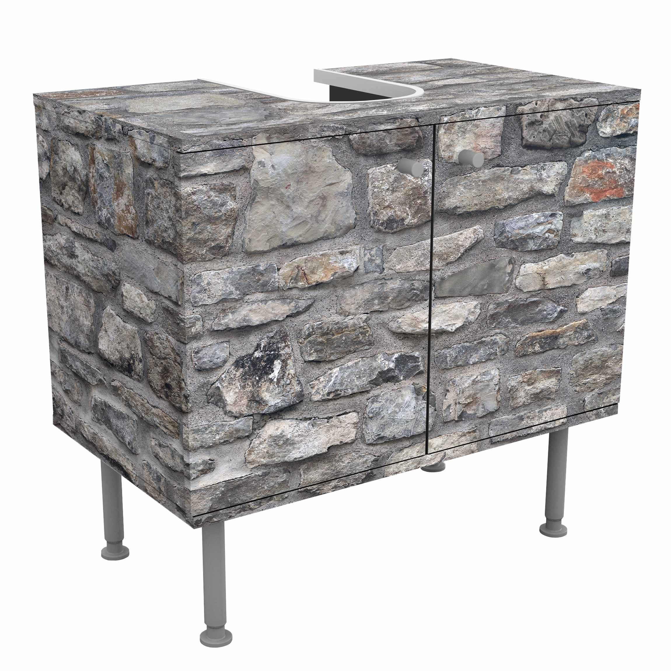 WASCHBECKENUNTERSCHRANK Naturstein Tapete Alte Steinmauer 60/55/35 cm - Grau, Holzwerkstoff (60/55/35cm) - Bilderwelten