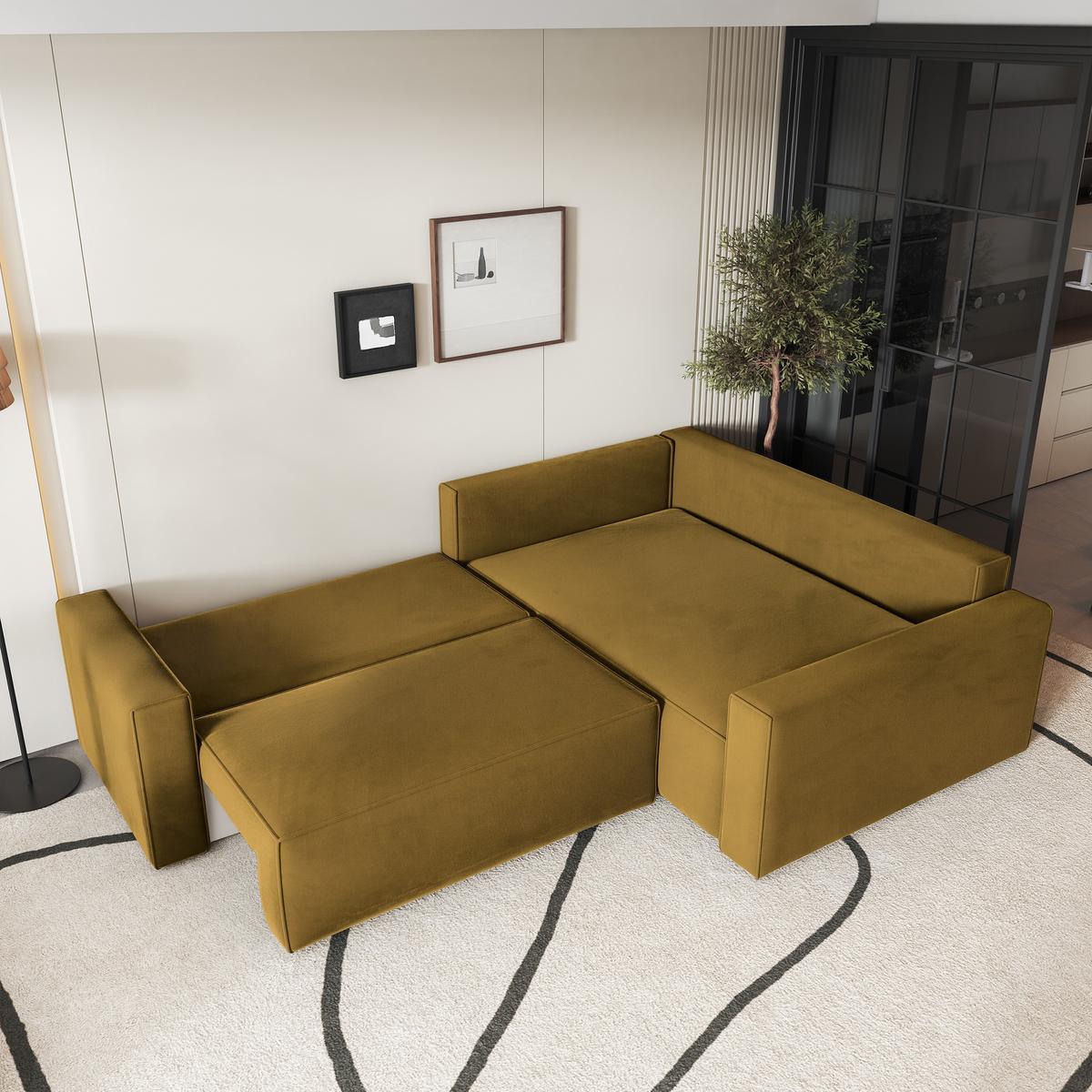 ECKSOFA ERONIS R-S Gelb Velours-Stoff mit Schlaffunktion - Gelb, Holz (265/194cm) - MASSENO