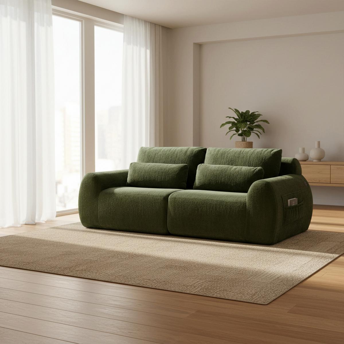 2-SITZER SOFA in Grün aus Kunstfell mit USB-Anschluss & Magazintasche - Grün, Textil (101/81/208cm) - Urban Meuble