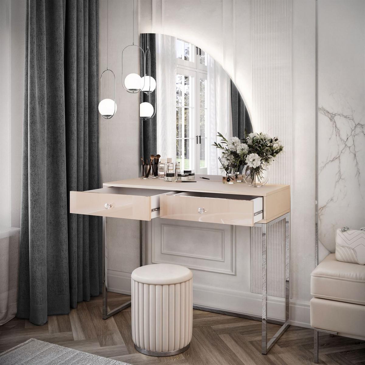 SCHMINKTISCH QUINNIE KASCHMIR mit LED-Spiegel Chrom rechts Griff Kristall - Kaschmir/Silberfarben, Holzwerkstoff (100/175/42cm) - Lookway