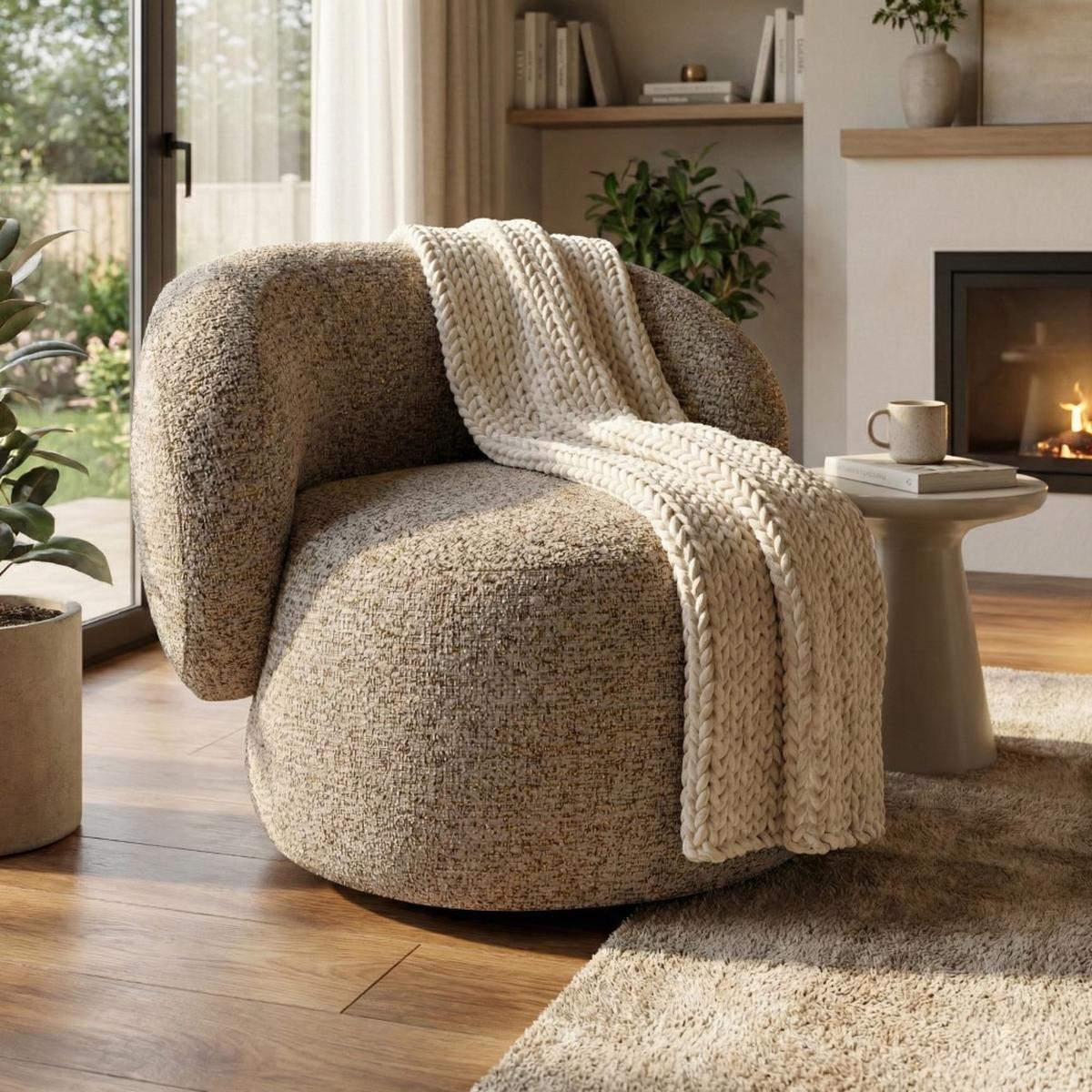 SESSEL Mao, Drehsessel mit runder Form, Hellbraun, Chenille-Stoff - Hellbraun, Textil (99/82/91cm) - Beautysofa