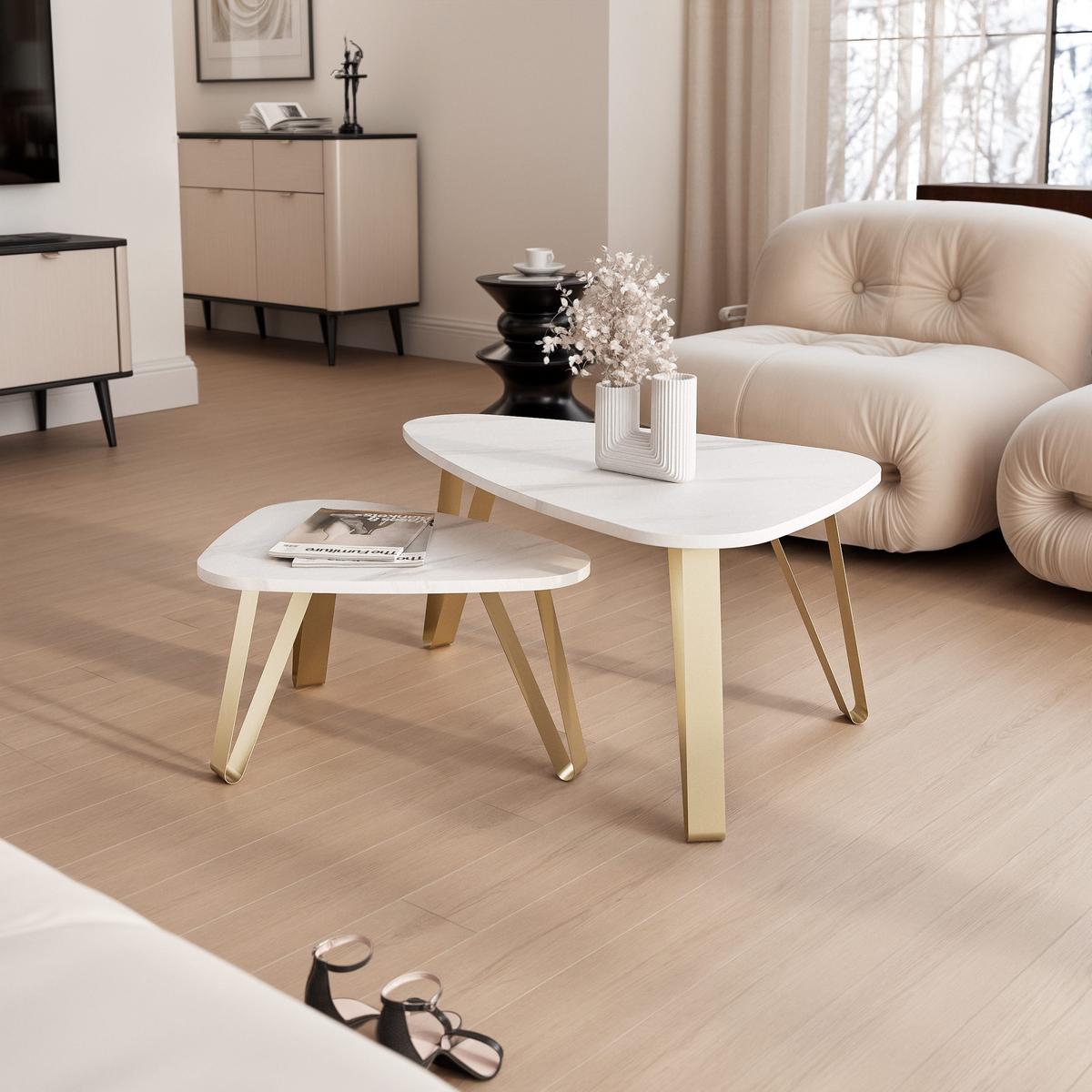 SATZTISCH NOA Stahlgestell, Freiform, Gold / Bianco Marmor - Perlmutt/Goldfarben, Holzwerkstoff/Metall (94/60/42cm) - Idohome