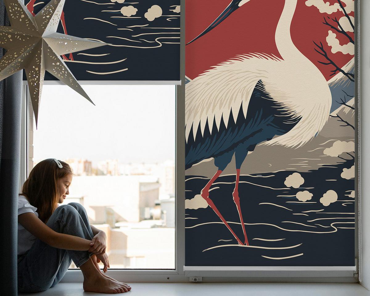 INNENROLLO - Fensterrollo - Rollo - 120x140 cm - Kranich im Wasser - Schwarz, Kunststoff (120/140/0.5cm) - TULUP
