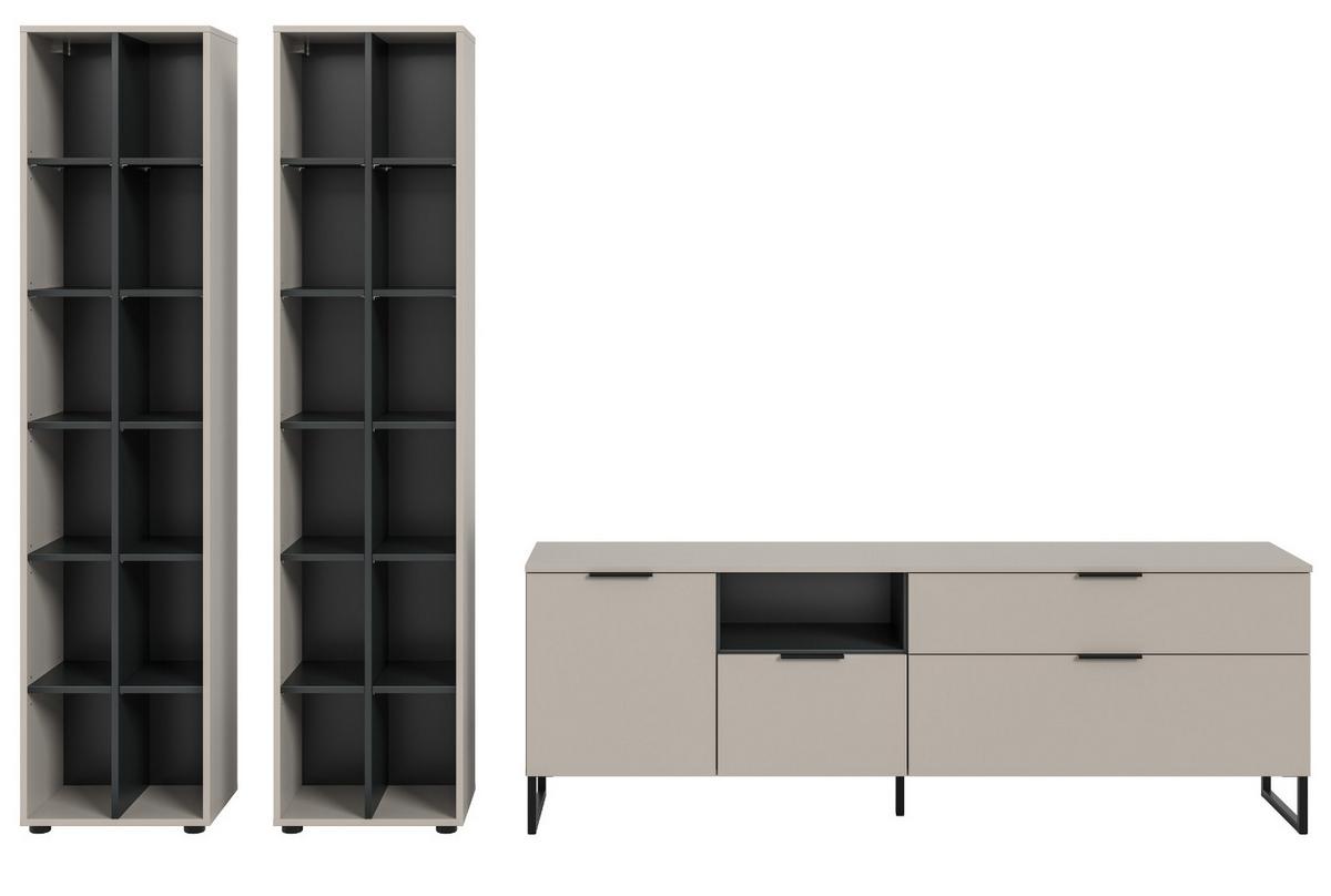 WOHNWAND kaschmir, schwarz 305 cm, Wohnzimmerschränke mit Soft-Close - Kaschmir/Schwarz, Holzwerkstoff/Kunststoff (305/192/41cm) - Inn.Furn