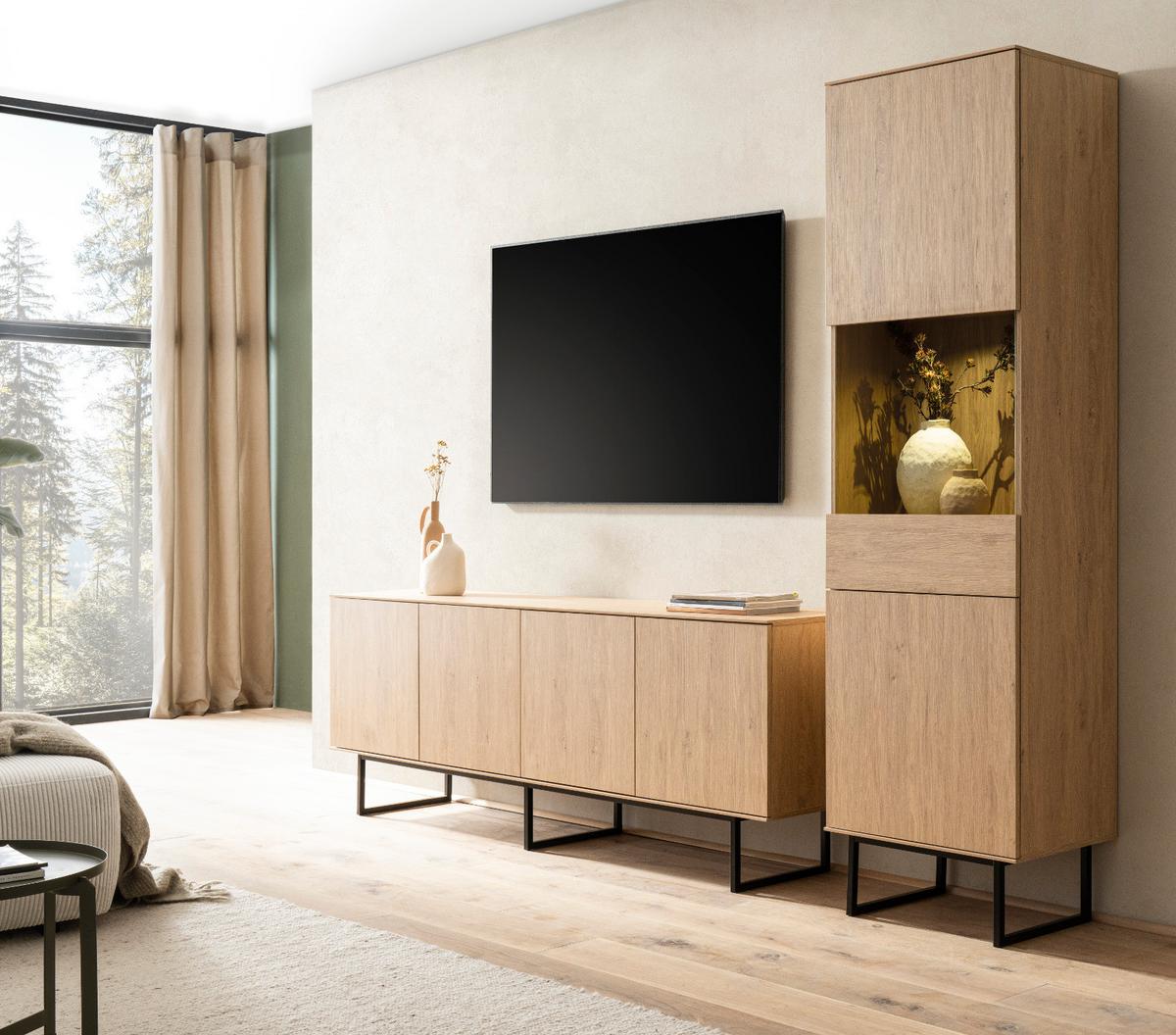 WOHNWAND Stone Eiche, Wohnzimmer Set mit TV Lowboard 200 cm und Vitrinenschrank, Push-Open-Funktion - Eichefarben/Schwarz, Holzwerkstoff/Metall (270/200/40cm) - Furn.Design