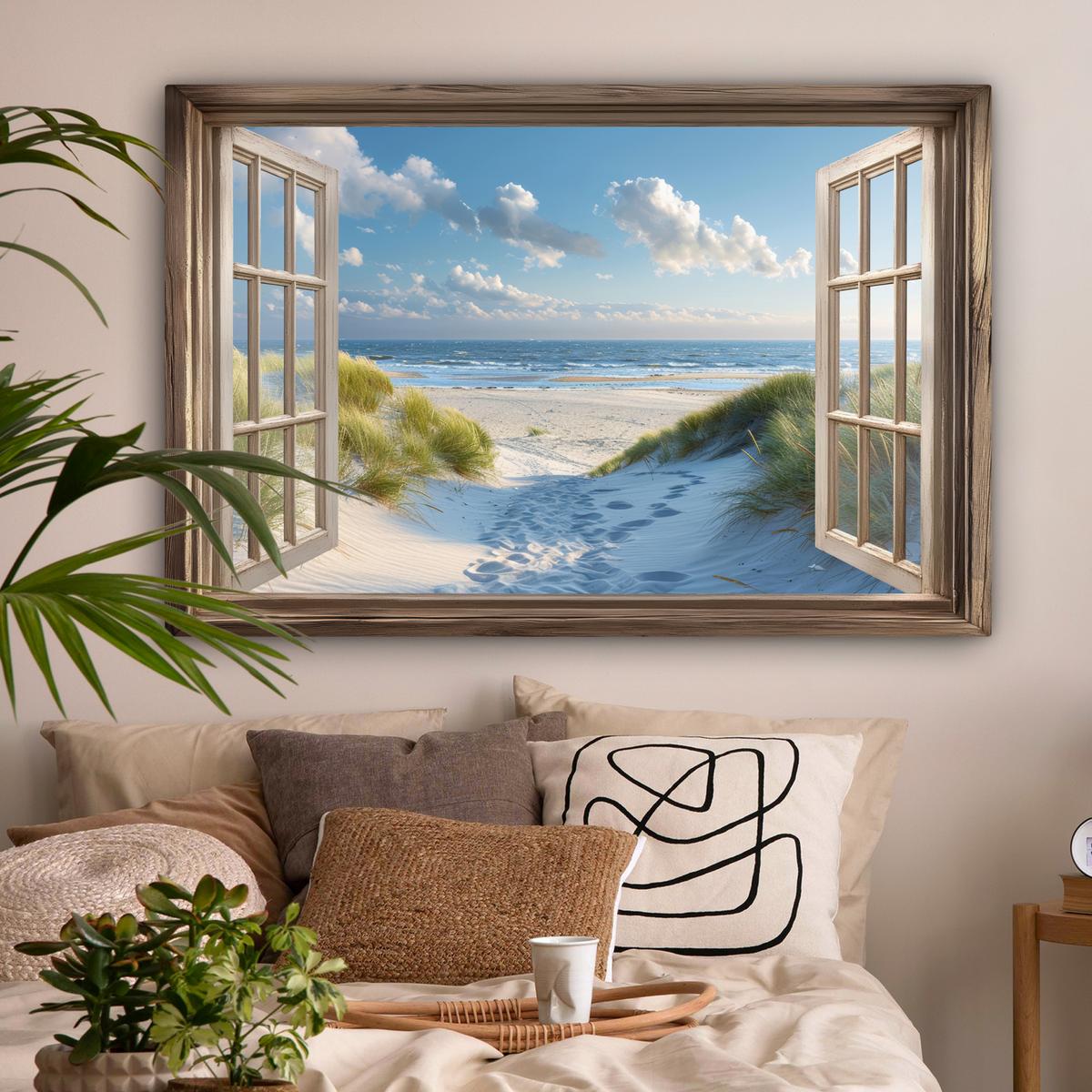 LEINWANDBILD Aussicht - Strand - Fenster - Dünen - Meer Wohnzimmer Groß 120x80 cm - Hellblau, Textil (120/80cm) - MuchoWow