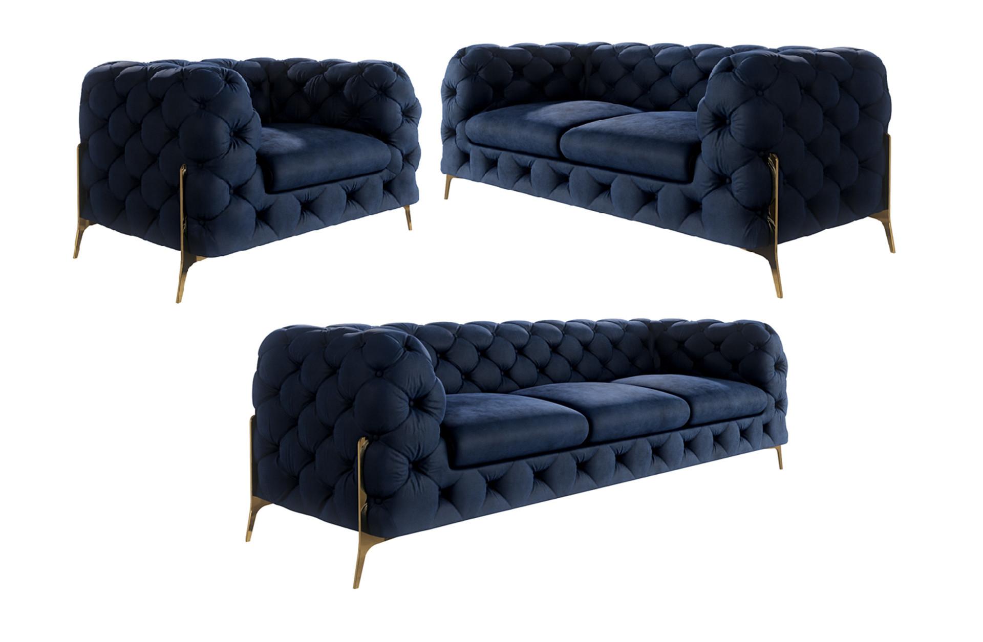 SITZGARNITUR 3+2+1 Chesterfield Lexi Marineblau Samt - Goldfarben/Dunkelblau, Holz/Textil (243/75/100cm) - S-Style Möbel