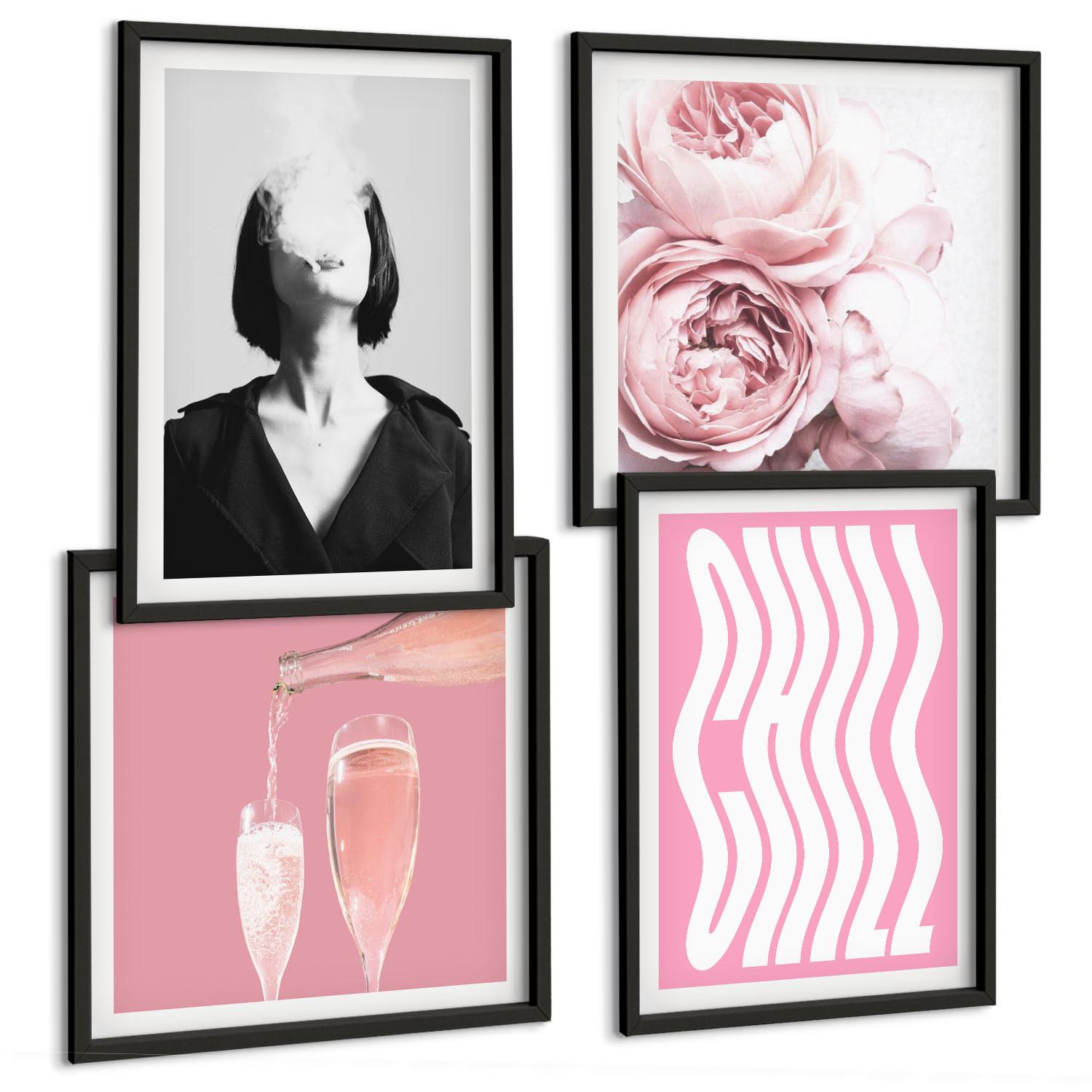 BILDER SET 4er Set - 50x50 cm & 40x60 cm Schwarzer Rahmen - Stilvolles Porträt mit Champagner - Schwarz, Kunststoff (50/50cm) - TULUP