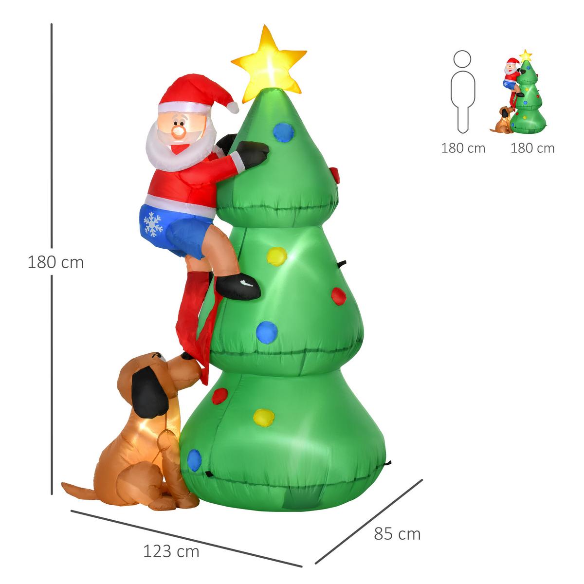 AUFBLASBARER Weihnachtsbaum Weihnachtsmann Hund 180 cm LED Selbstaufblasend - Grün, Kunststoff (85/180/123cm) - HOMCOM