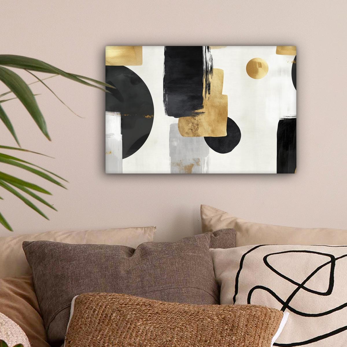 LEINWANDBILD Gold - Rechtecke - Kreise - Abstrakt Deko Schlafzimmer 30x20 cm - Weiß, Textil (30/20cm) - MuchoWow
