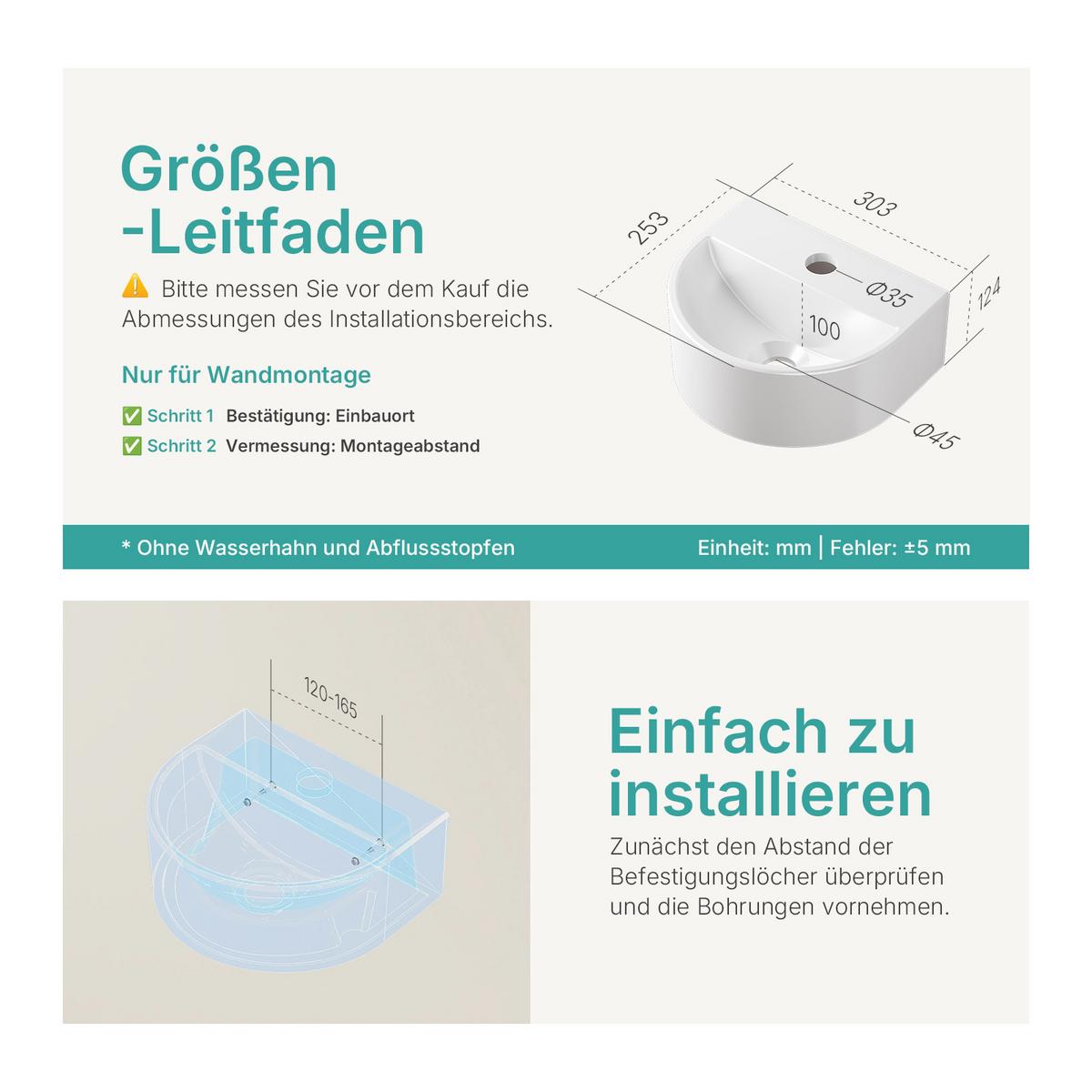 WASCHBECKEN U-förmig Wandmontage Glänzend Weiß 30,3 / 25,5 / 12 cm - Weiß, Keramik (30.3/12/20.5cm) - EMKE