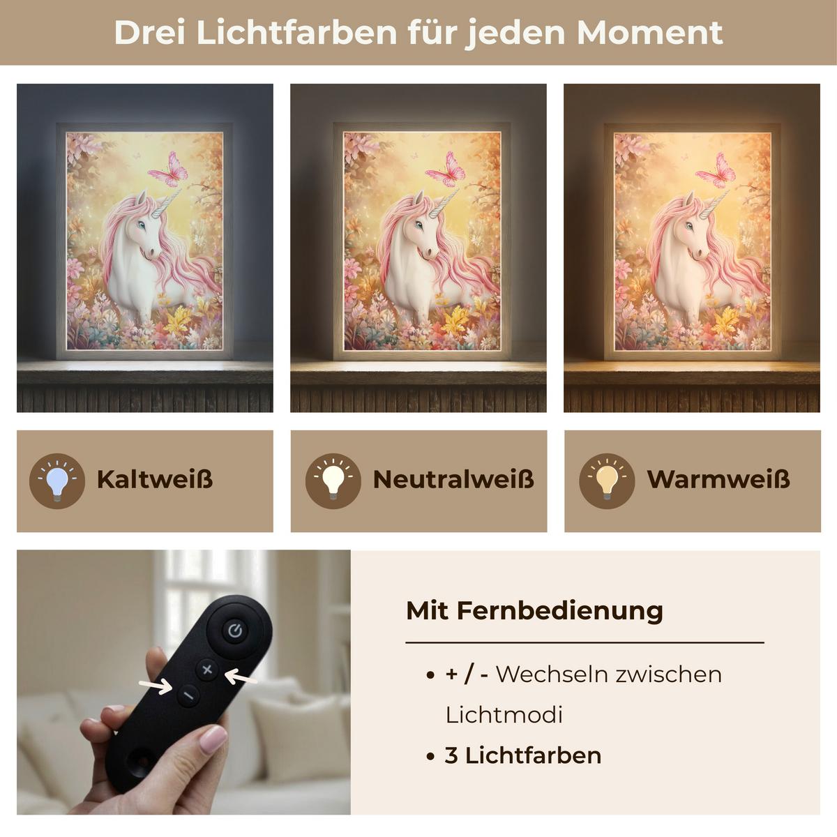 NACHTTISCHLAMPE MIT AKKU Einhorn - Blumen - Schmetterling - Rosa 30x40 cm - Beige, Holzwerkstoff (8/30/40cm) - OnlyWow
