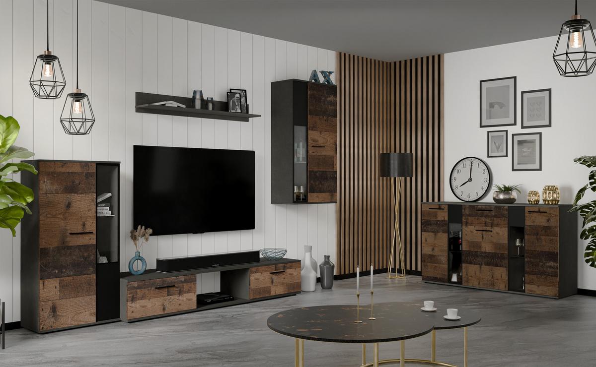 WOHNWAND Formilo Matera, Oldstyle 294/180/40 cm Hochwertige TV Wohnwand - Braun/Grau, Holzwerkstoff/Kunststoff (294/180/40cm) - AX Living